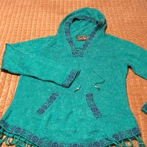 Turquoise Hooded Sweater with Patterned Details